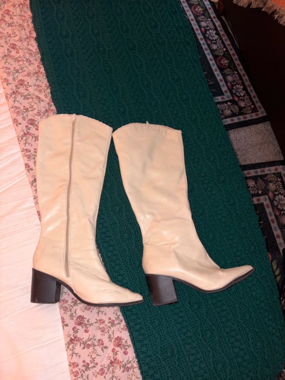 Women’s Knee-High Chunky Heel Boots — Cream - Picture 5 of 6